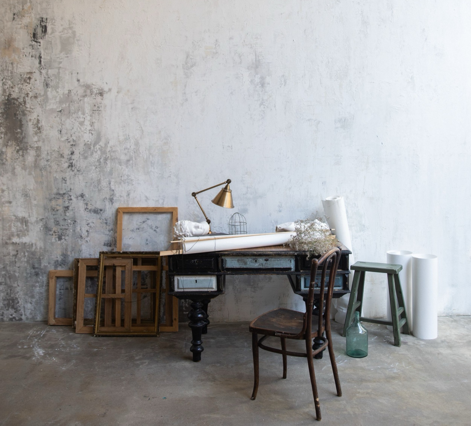 Inside on a loft wall, above a desk, to-scale simulation