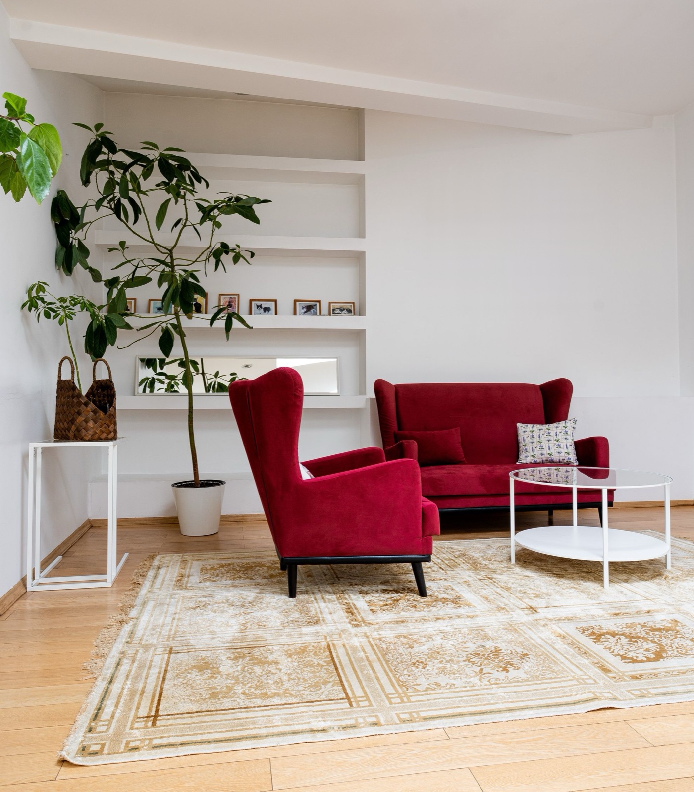 Inside on a living-room wall, above a sofa, to-scale simulation