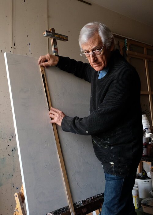 Pierre Calogero at the easel, in his studio